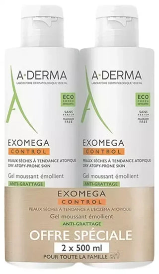 A-Derma Exomega Control Gel Moussant Émollient Anti-Grattage Sans Parfum Lot de 2 x 500 ml