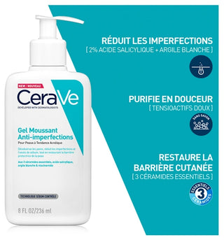 Cerave Acné Gel Moussant Anti-Imperfections 236 ml à l'Acide Salicylique et Aux 3 Céramides Essentiels Pour Peaux à Imperfections et à Tendance Que