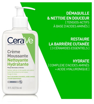 CeraVe Crème Moussante Nettoyante Hydratante Visage Peaux Normales à Sèches 236 ml