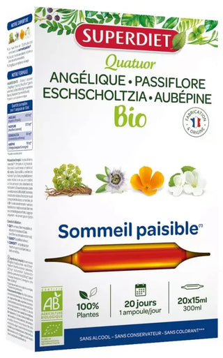 Superdiet Quatuor Passiflore Sommeil Paisible Bio Angélique Passiflore Eschscholtzia Aubépine - 20 Ampoules de 15 ml