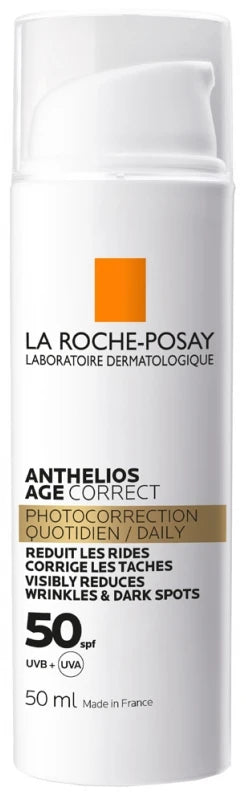 La Roche-Posay Anthelios Age Correct SPF50+ 50 ml, soin solaire visage anti-âge haute protection UVA/UVB contre rides et taches pigmentaires.