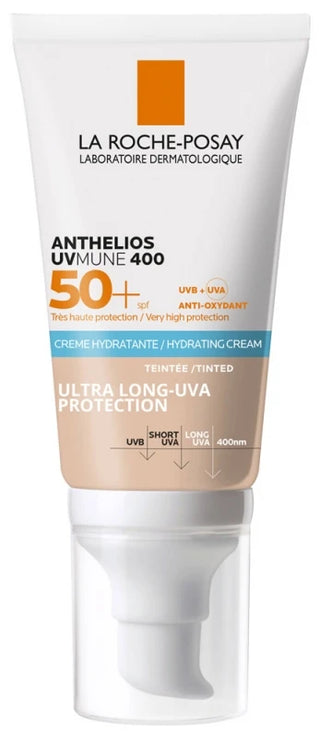 La Roche-Posay Anthelios UVMune 400 Crème Solaire Teintée SPF50+ 50 ml, protection solaire visage teintée pour peaux sensibles contre les UVA ultra-longs.
