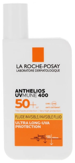 La Roche-Posay Anthelios UVMune 400 Fluide Invisible SPF50+ 50 ml, protection solaire visage très haute protection UVA/UVB pour peaux sensibles et usage quotidien.