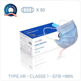 AURIOL - Masque Chirurgical Auriol Type IIR – 50 unités - bleu